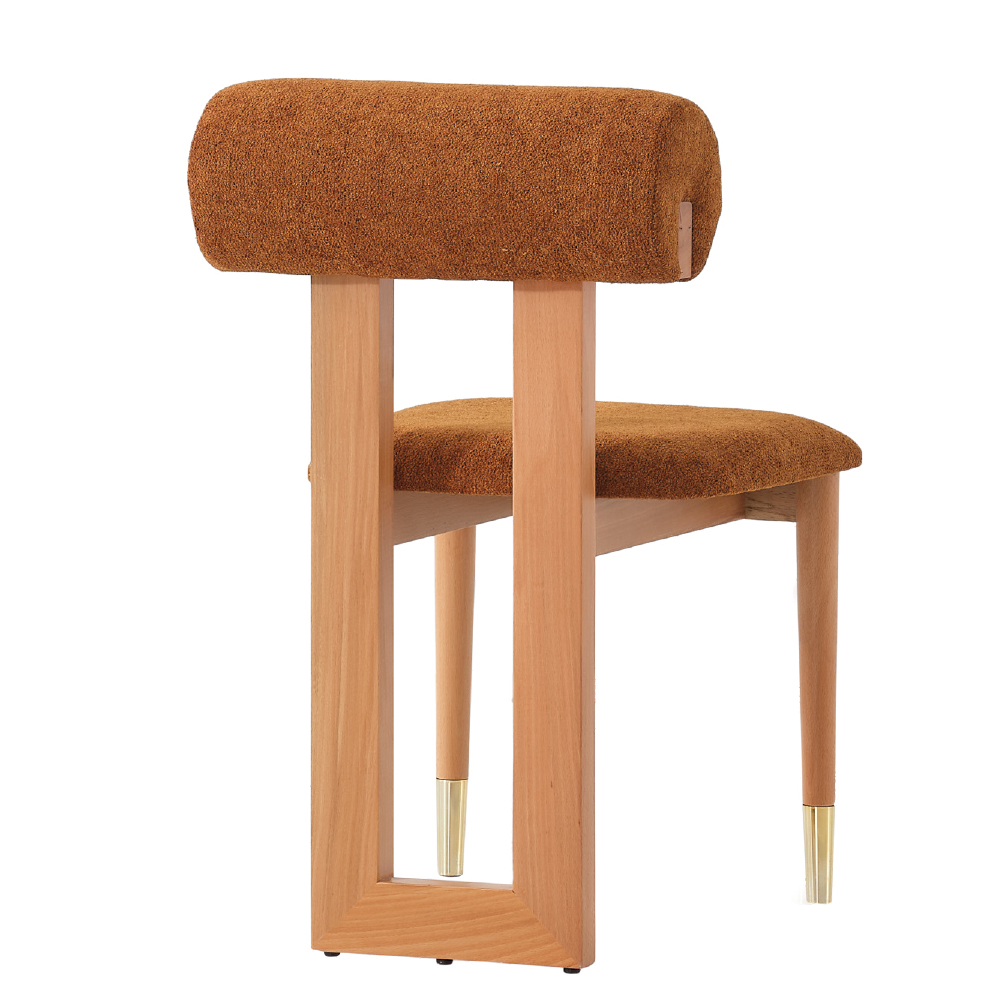 Wooden bar stool with brown textured cushions and brass tipped legs featuring a cylindrical backrest and U shaped frame