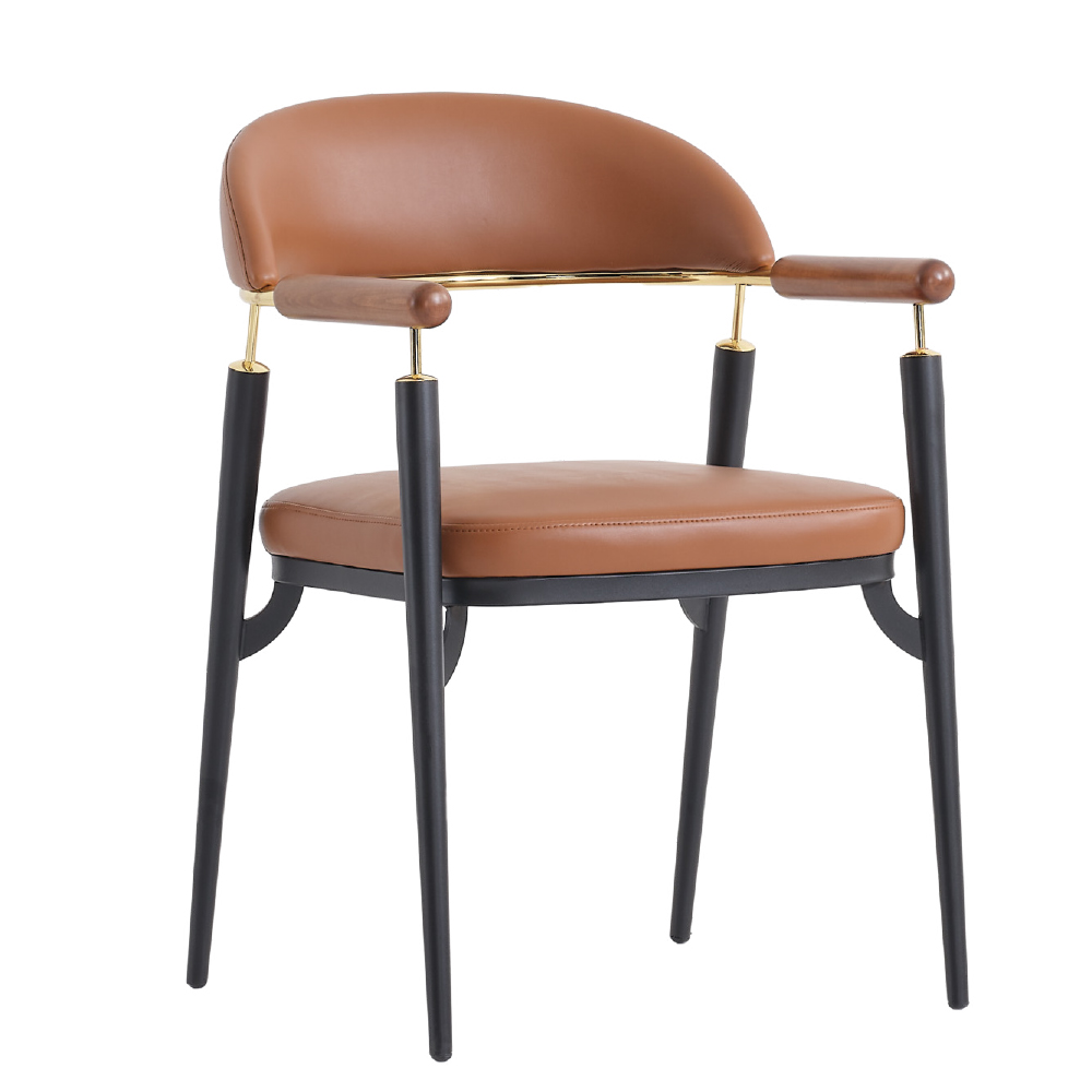 Mid century style chair with brown leather upholstery rounded back and black tapered legs with brass accents