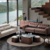 Modern living room with floor to ceiling windows overlooking a lake and mountains two sofas and a glass coffee table