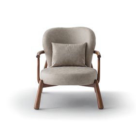 Beige upholstered armchair with a curved back, wooden armrests and legs, and a small matching cushion, shown from the front against a white background.