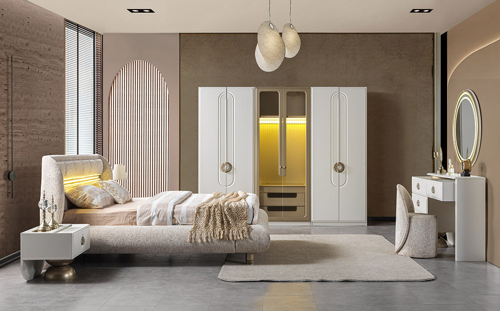 Turkuaz Bedroom 11 Armonna Luxurious modern bedroom with a beige upholstered bed side table and white wardrobes with warm lighting