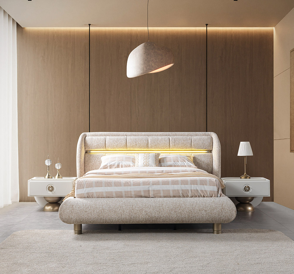 Turkuaz Bedroom 5 Armonna Luxurious beige upholstered king bed with backlit headboard flanked by white nightstands in a modern bedroom