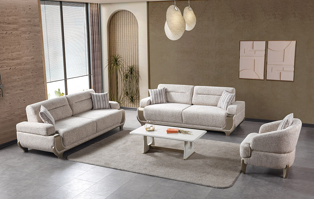 Modern living room with two beige fabric sofas an armchair a white coffee table and a light gray rug