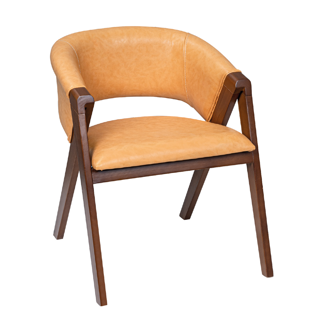 Tan leather upholstered wooden armchair with a curved back and angled legs