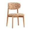 Wooden chair with orange patterned fabric cushions on seat and backrest mid century style