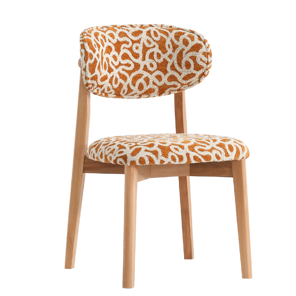 Wooden chair with orange patterned fabric cushions on seat and backrest mid century style