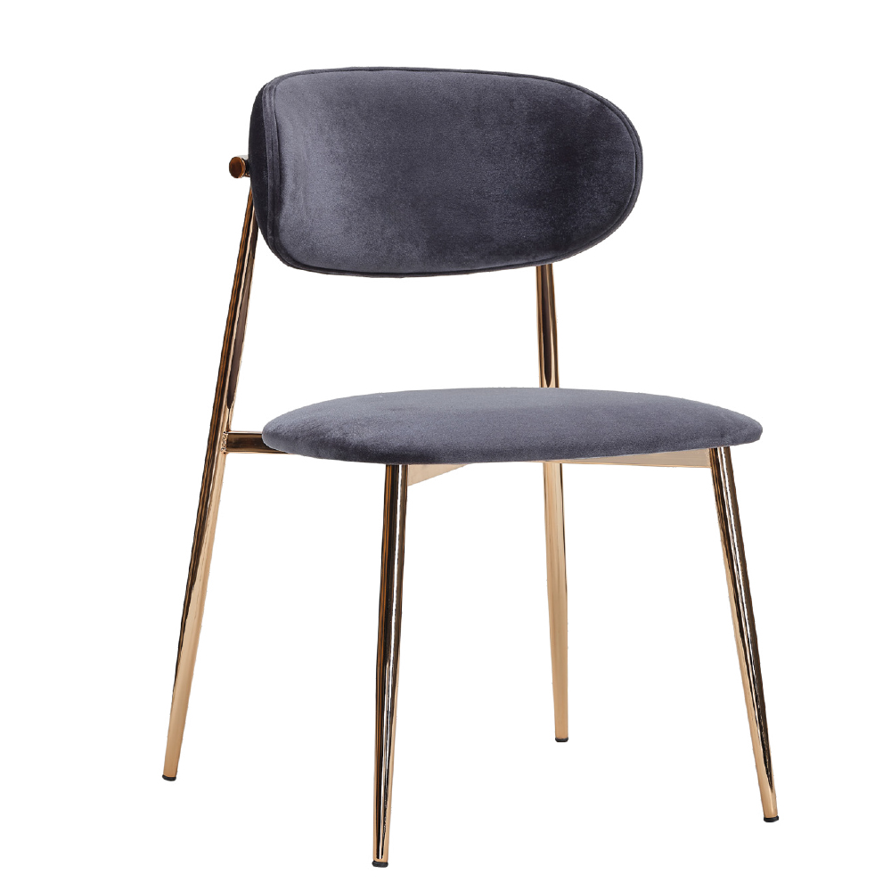 Blue velvet chair with a rounded back and gold metal legs on a white background, isolated image.