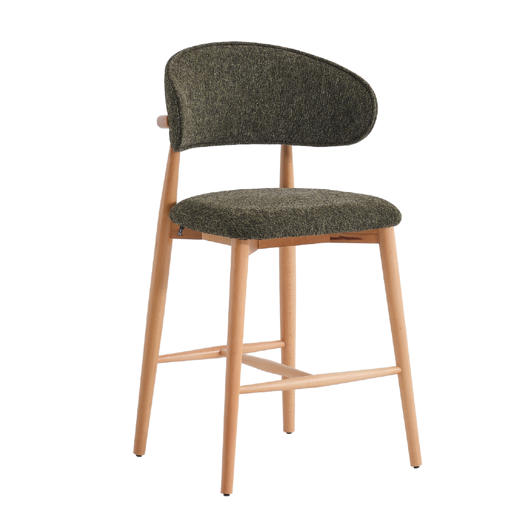 Bar-height wooden stool with a curved, dark green upholstered backrest and seat, light natural wood legs and crossbar supports.