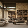 Bright open living room with floor to ceiling glass walls a stone accent wall and brown modular couches around a coffee table