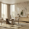 Elegant dining area with an oval beige table four upholstered chairs and a plush shag rug in a sunlit neutral toned room