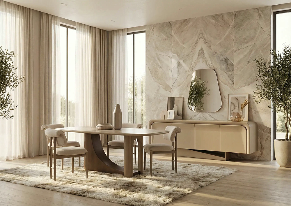 Elegant dining area with an oval beige table, four upholstered chairs, and a plush shag rug in a sunlit, neutral-toned room.
