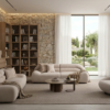 Living room with stone walls large glass doors and beige curved sofas around a round coffee table