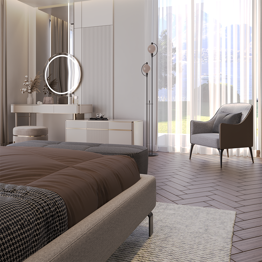 Venedik Bedroom Custom Production 1 Armonna Luxurious modern bedroom with a round illuminated vanity mirror makeup table and a gray armchair by floor to ceiling windows with sheer drapes
