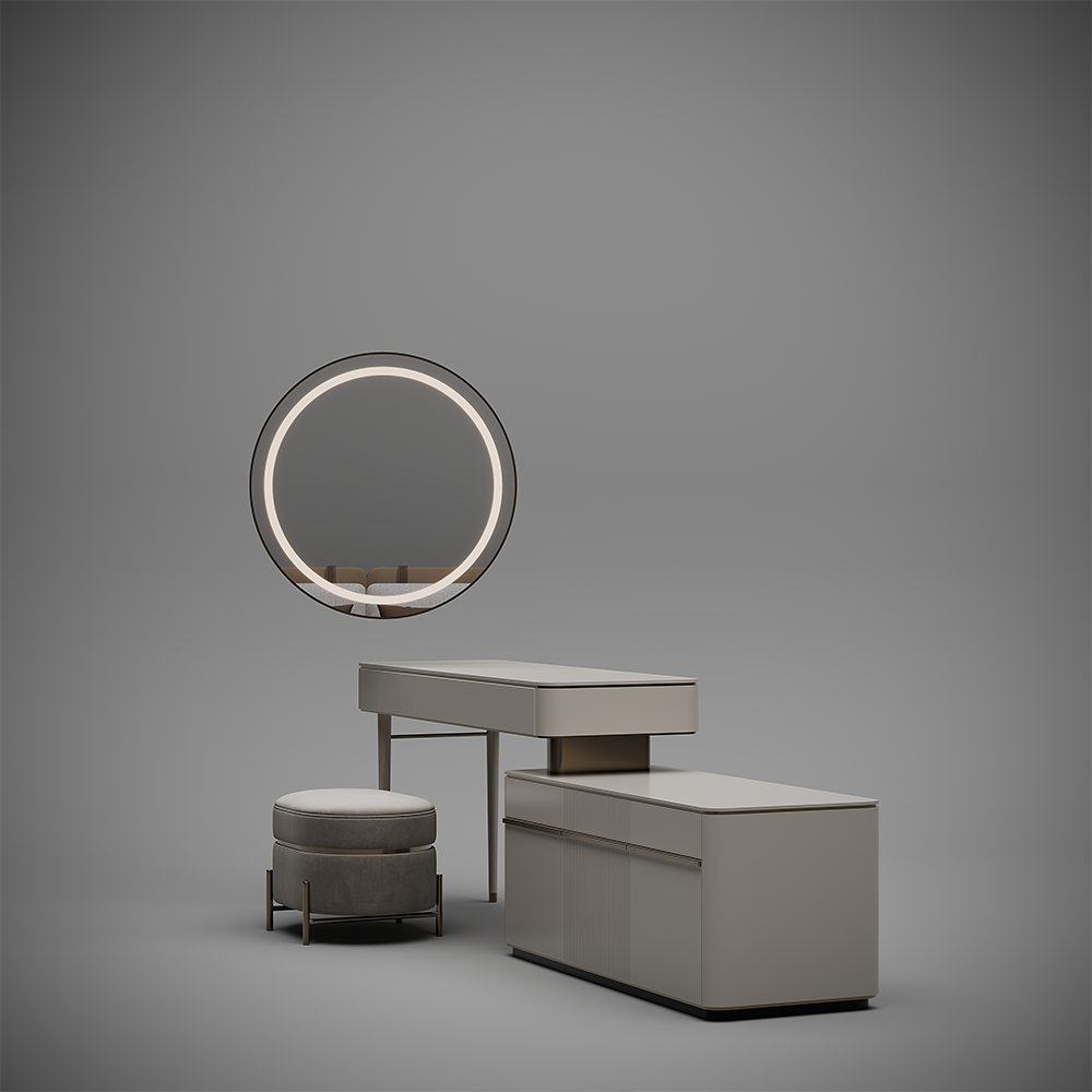 Modern beige vanity set with a round backlit mirror, a raised counter, and a cushioned ottoman on a gray studio backdrop.