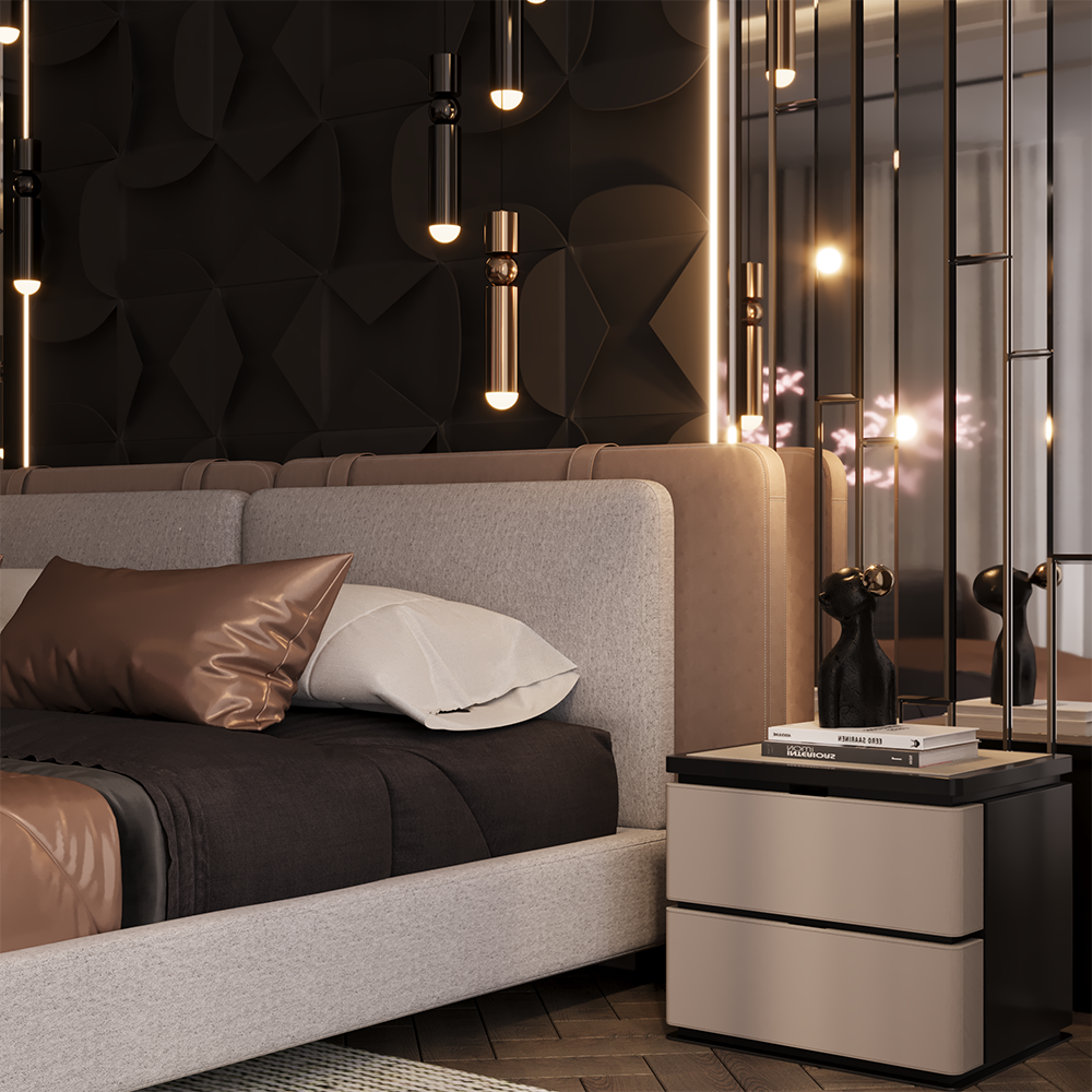 Venedik Bedroom Custom Production 11 Armonna Luxurious modern bedroom with a beige upholstered bed copper toned pillows and a glossy two drawer nightstand beside a mirrored wall