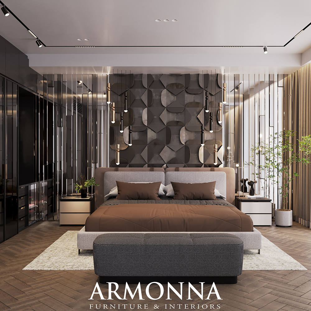 Venedik Bedroom Custom Production 12 Armonna Luxurious modern bedroom with brown bedding gray upholstered bed geometric dark wall art and a checkered bench at the foot