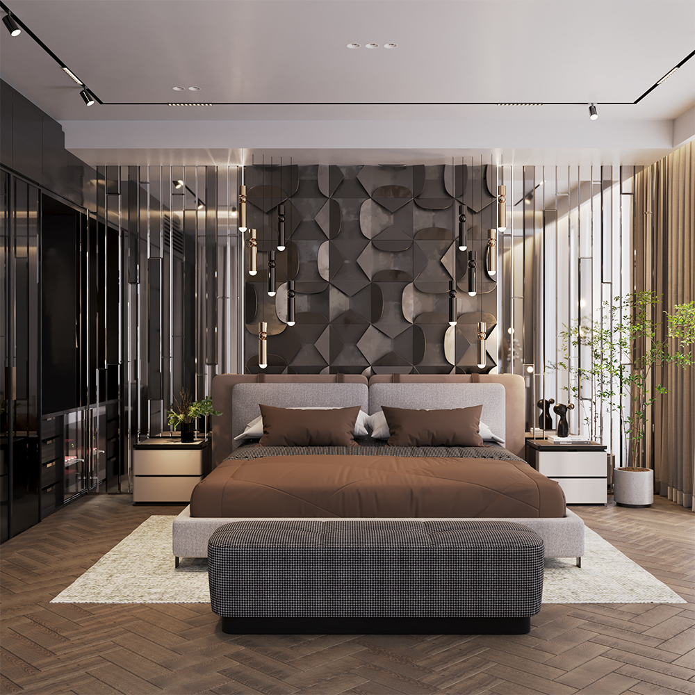 Venedik Bedroom Custom Production 12 Armonna Luxurious bedroom with a large bed brown bedding and a padded headboard against a geometric dark wall centerpiece Glass and mirror accents surround the room