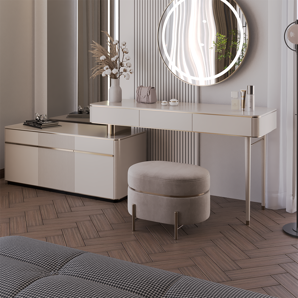Venedik Bedroom Custom Production 2 Armonna Cream dressing table with gold accents and a round backlit mirror in a chic bedroom with a vase of dried flowers and a plush beige stool nearby