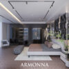 Venedik Bedroom Custom Production 4 Armonna Luxurious modern bedroom showroom platform bed with taupe bedding plaid bench gray chair glass partition dark built in wardrobes hanging lights potted plants and a textured rug ARMONNA Furniture Interiors logo at the bottom