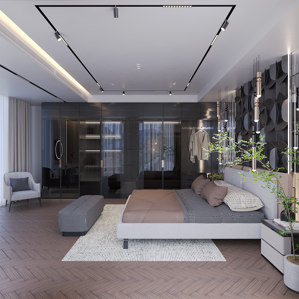 Luxurious modern bedroom with a low upholstered bed, glass-walled wardrobe, and track lighting on a herringbone wood floor.