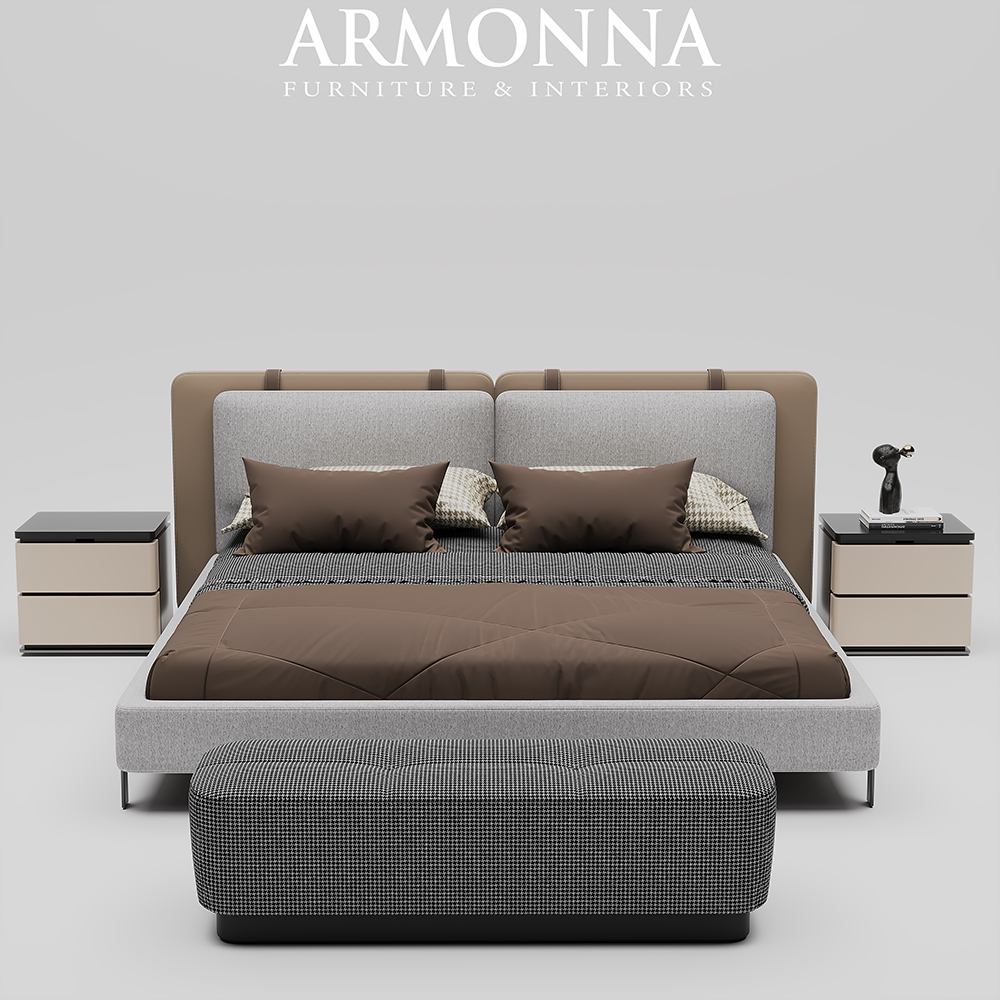 Modern upholstered bed with a tall headboard, two beige nightstands, and a black-and-white patterned bench at the foot.