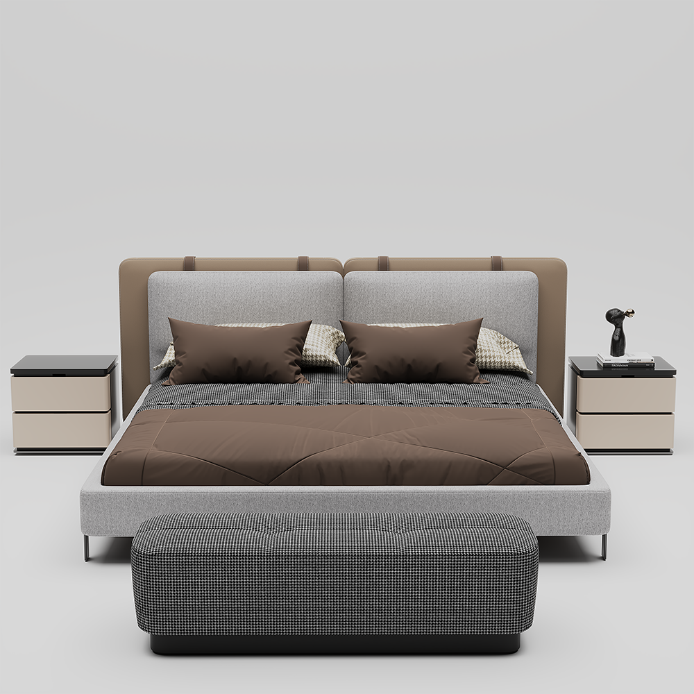 Venedik Bedroom Custom Production 5 Armonna Modern upholstered bed with beige headboard gray bedding and brown accents flanked by matching nightstands