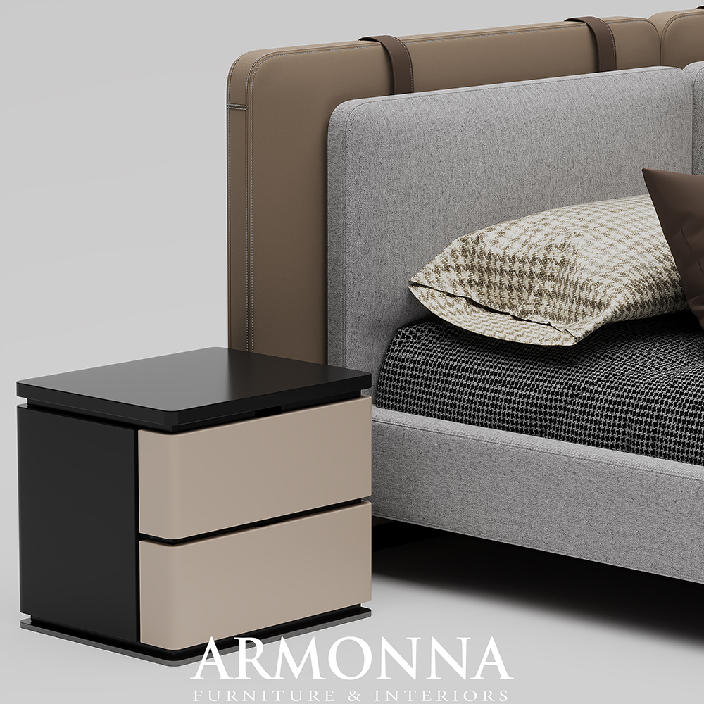 Venedik Bedroom Custom Production 6 Armonna Modern two drawer nightstand with a black top and beige drawers beside a grey upholstered bed in a contemporary bedroom