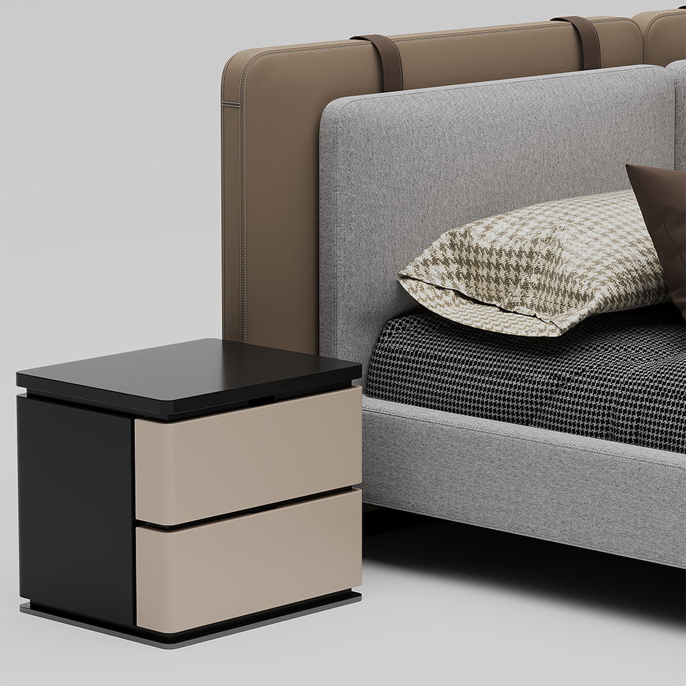 Venedik Bedroom Custom Production 6 Armonna Modern two drawer nightstand with a black top and beige fronts beside a gray upholstered bed frame