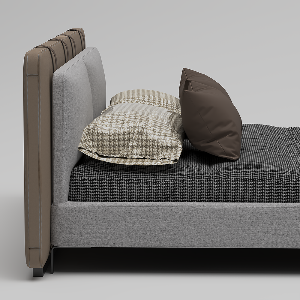 Venedik Bedroom Custom Production 7 Armonna Side view of a modern upholstered bed with a gray fabric headboard and brown trim topped with a beige checkered pillow and a brown pillow on a dark patterned duvet