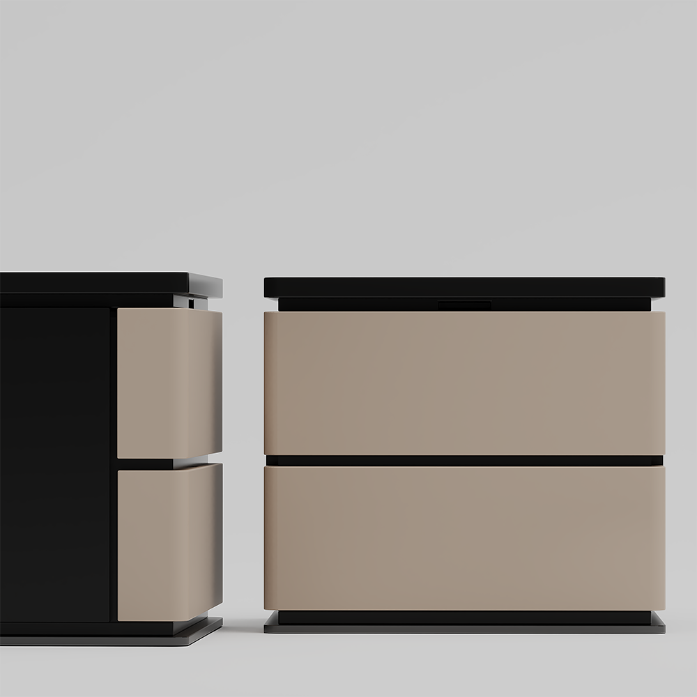 Venedik Bedroom Custom Production 8 Armonna Two modern storage units a black cabinet with beige drawers on the left and a beige two drawer dresser on the right