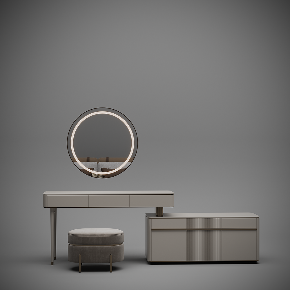 Venedik Bedroom Custom Production 9 Armonna Round illuminated mirror above a sleek gray vanity desk with a cushioned ottoman and a matching side cabinet in a gray room