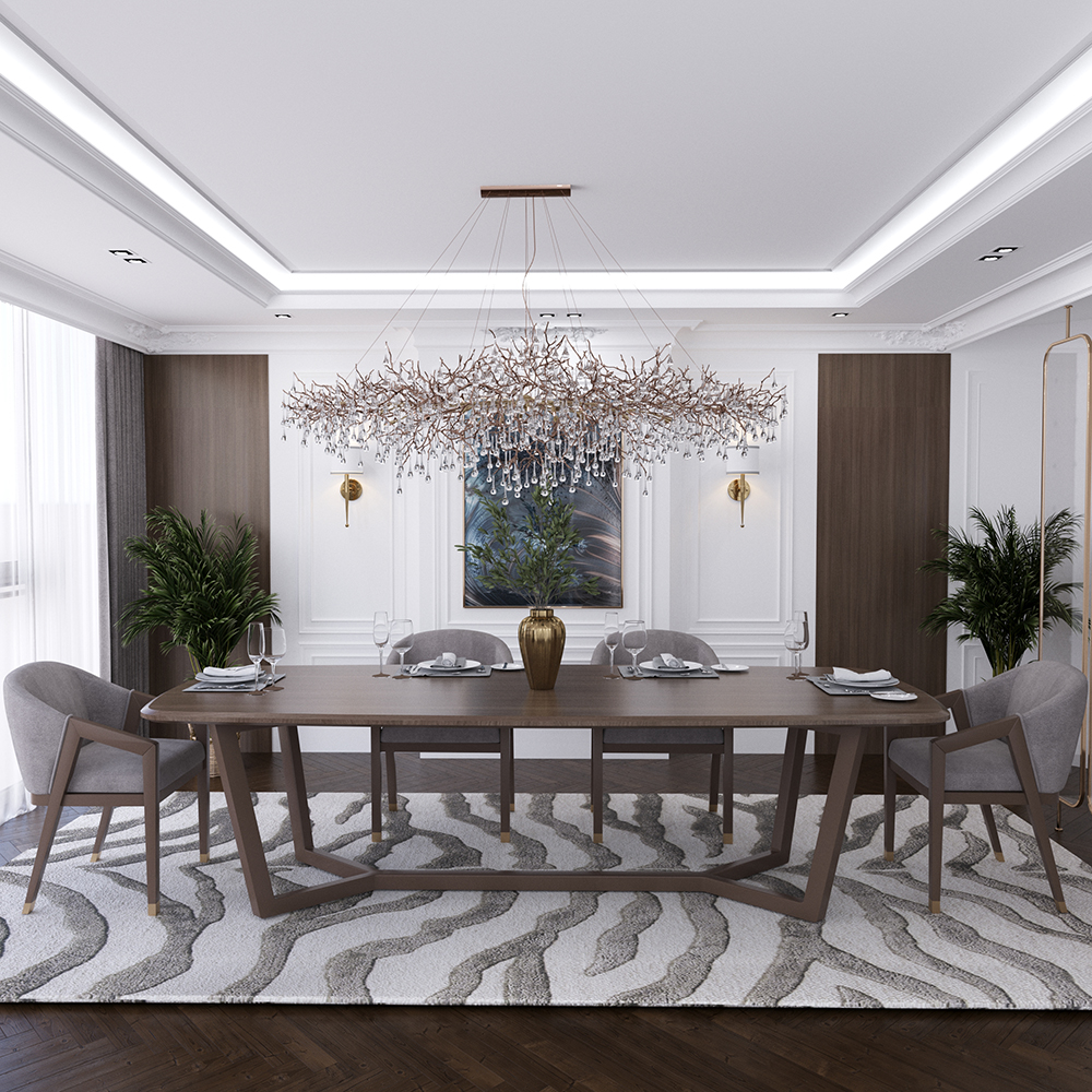 Elegant dining room with a long wooden table, six upholstered chairs, and a metallic branch chandelier above a patterned rug