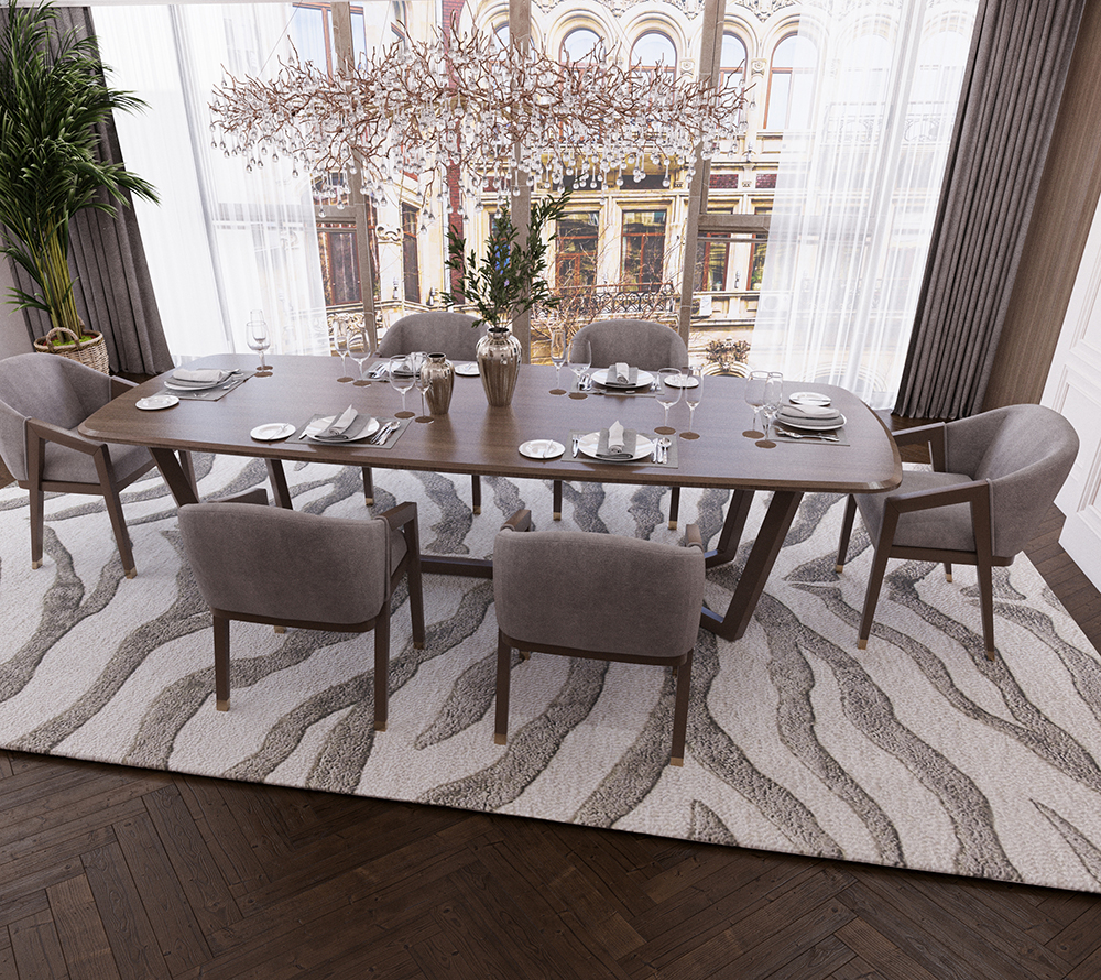 Elegant dining room with a long wooden table set for eight, near large windows and a sculptural chandelier.