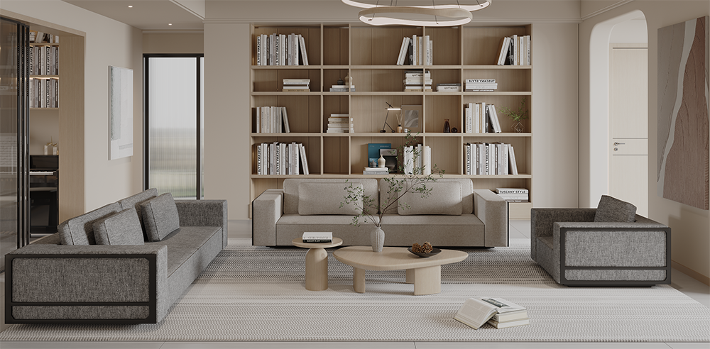Modern living room with beige sofa set, gray armchairs, and a built-in wooden bookshelf wall forming a cozy lounge area.