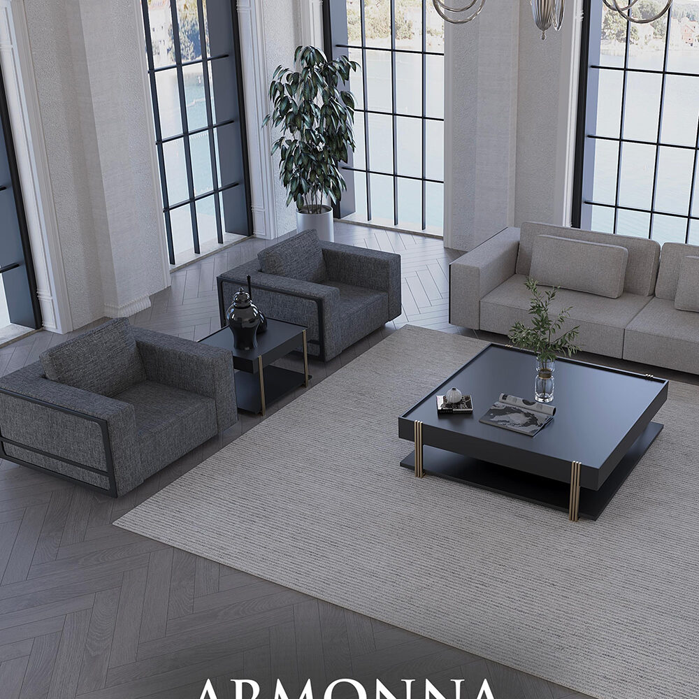 Luxurious modern living room with tall arched windows, gray seating, a black coffee table, and a chandelier.