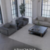 Luxurious modern living room with tall arched windows gray seating a black coffee table and a chandelier