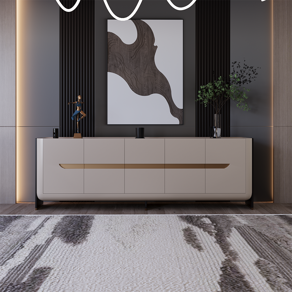 Violin Dining Room Custom Production 1 Armonna Modern beige sideboard with abstract gray artwork a sculpture a plant and warm backlit panels in a contemporary living space