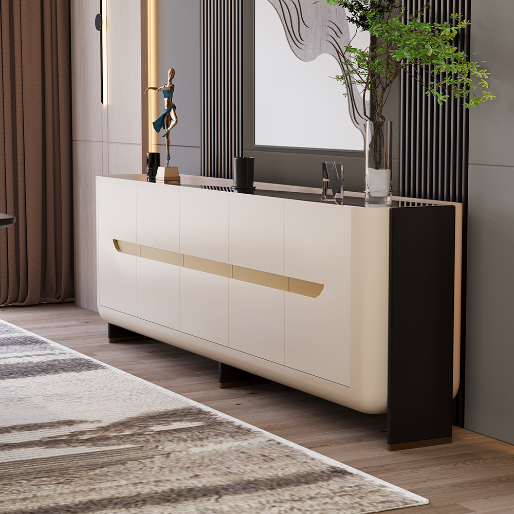 Violin Dining Room Custom Production 2 Armonna Modern white sideboard with black accents against a wall topped with decor items and a plant in a glass vase