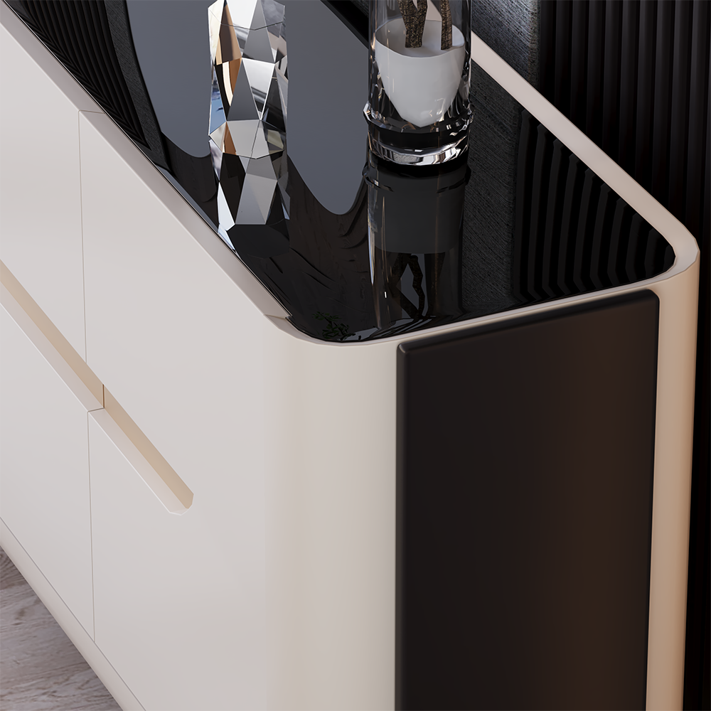 Violin Dining Room Custom Production 3 Armonna Close up of a contemporary white cabinet with a glossy black countertop and a clear glass vase containing plant stems on top