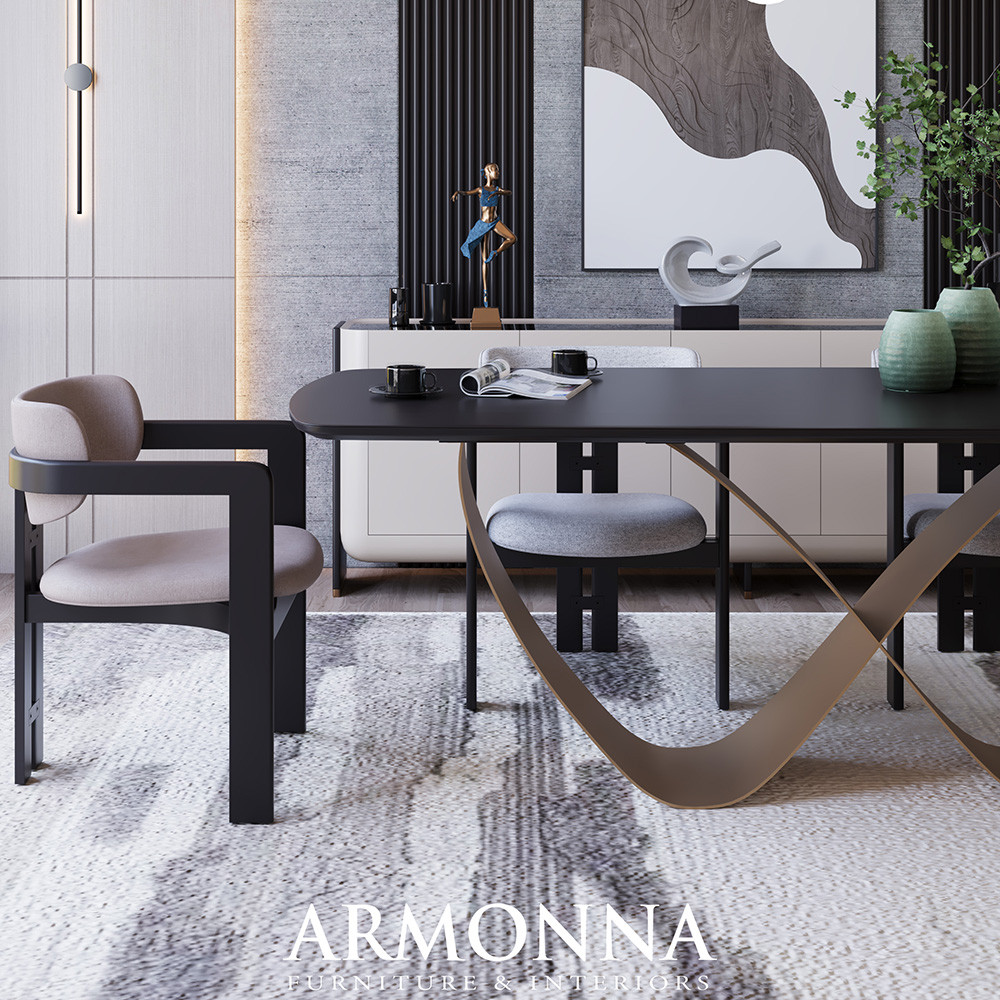 Modern dining room with a dark oval table, black-framed chairs, a sculptural centerpiece, abstract wall art, and green vases on a light patterned rug.