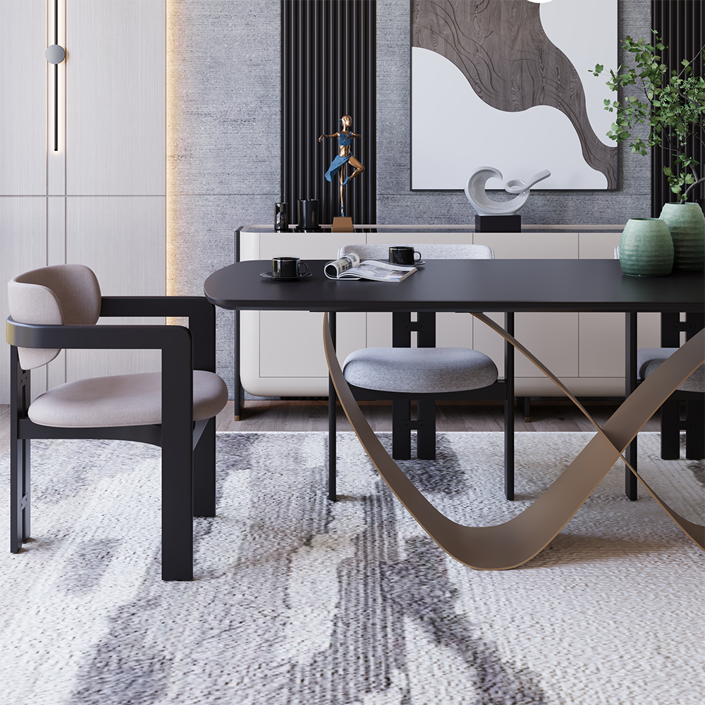 Violin Dining Room Custom Production 4 Armonna Modern dining room with a black table gray upholstered chairs and abstract wall art on textured walls