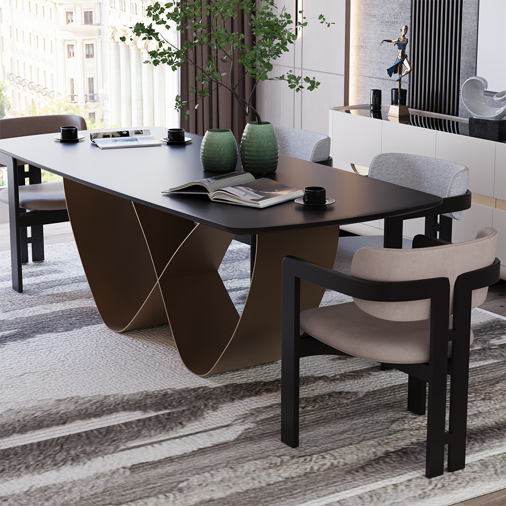 Violin Dining Room Custom Production 5 Armonna Modern conference table with a sculptural brown base and surrounding upholstered chairs in a bright office