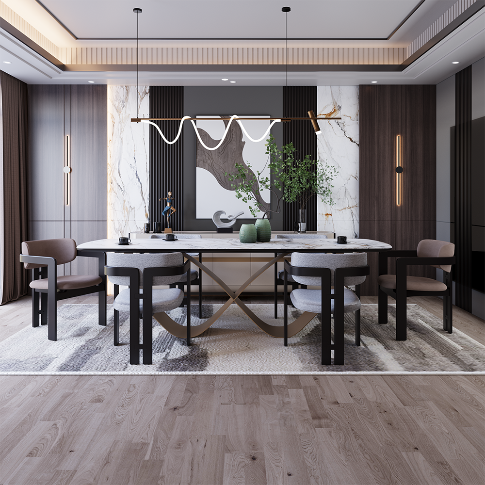 Elegant modern dining room featuring a large marble oval table, sculpted base, and eight upholstered chairs in neutral tones beneath a wave-like pendant light. Two green vases and a plant centerpiece add greenery while marble and wood wall panels create a luxurious backdrop.
