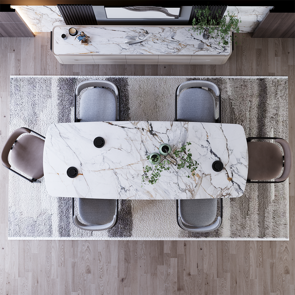 Violin Dining Room Custom Production 7 Armonna Top down view of a modern dining room marble table with six gray chairs on a striped rug and a marble sideboard with greenery along the wall