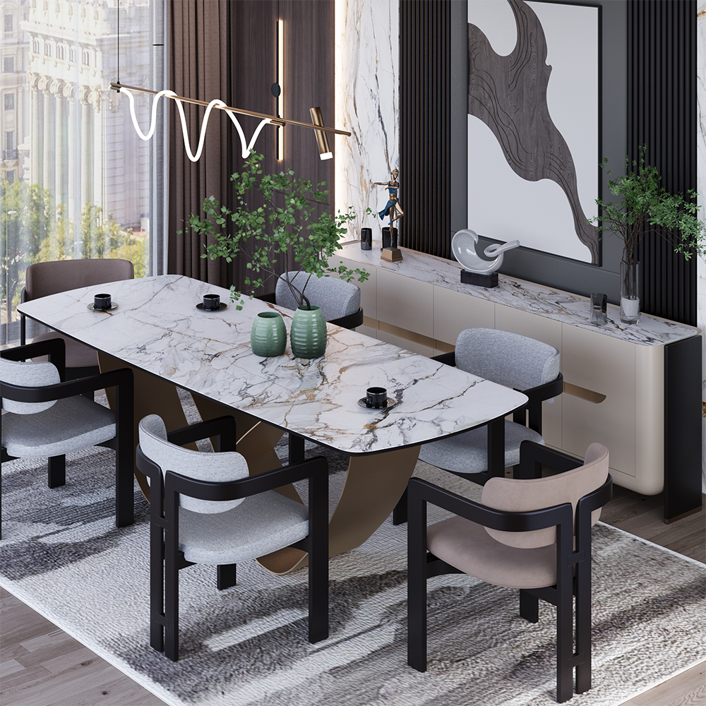 Modern dining room with a white marble table, black-framed chairs, and green vases beneath a contemporary light fixture.