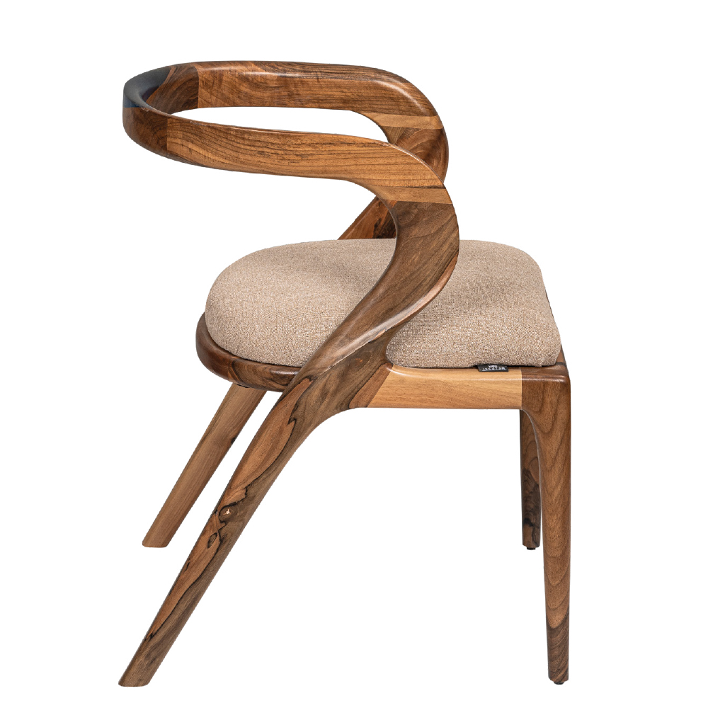 Wooden chair with a looping curved back and beige upholstered seat showcasing natural wood grain modern design 140