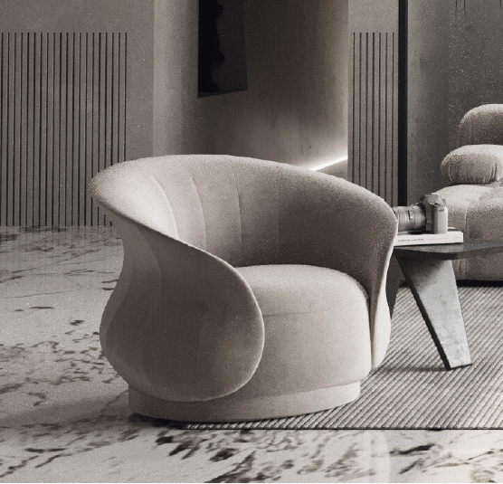 Gray circular lounge chair in a modern living room with a small side table and a sofa in the background.
