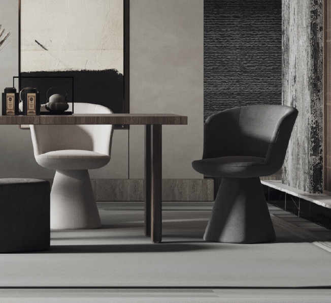 Modern conference-style setup with a wooden table and two sculptural pedestal chairs in neutral tones against a textured wall backdrop.