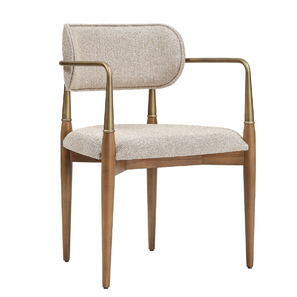 Mid century modern beige fabric armchair with tan wooden legs and brass accents