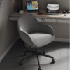 bonna office Armonna Gray upholstered swivel office chair on wheels in front of a wooden desk with two laptops a tablet and a desk lamp